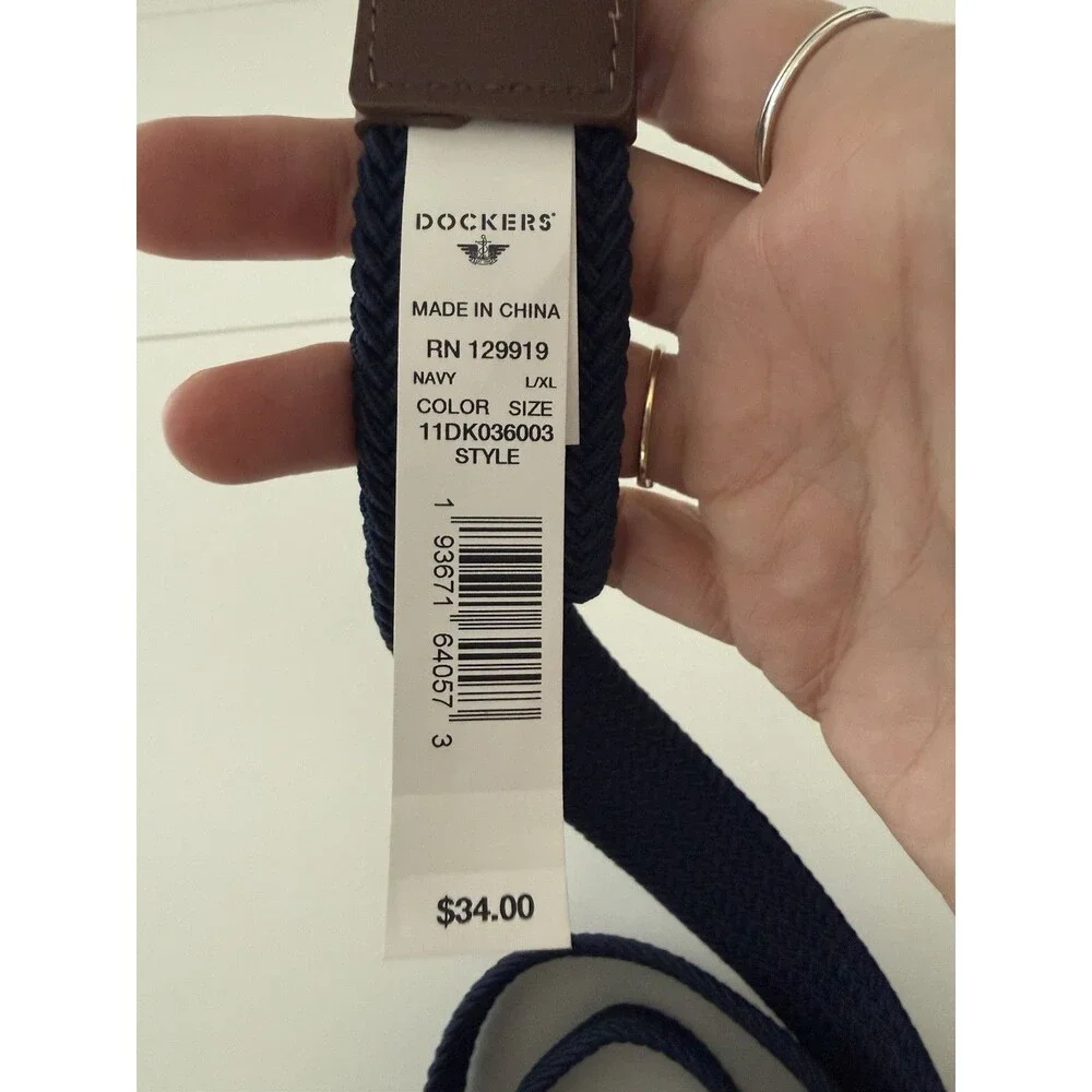 Dockers Belt Stretch Men Navy w/ Brown faux Leather Trim L XL $34 MSRP